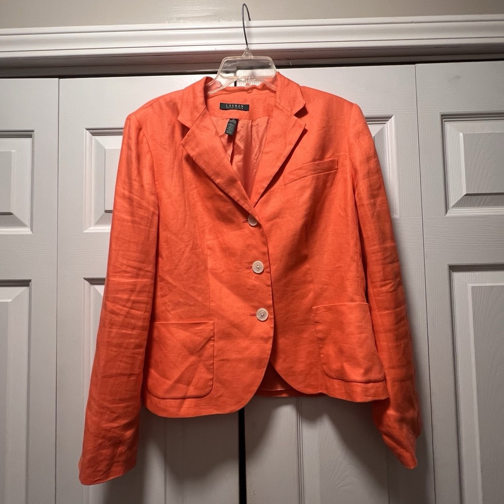 Lauren Ralph Lauren 100% Linen 3 Button Blazer Jacket Orange 16 Dark Coral